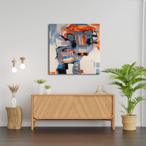 Colorful Cow Abstract Painting, Orange Gray Figurative Abstract Wall Art, Blue Orange Kids Room Wall Decor, Minimalist Little Cow on Canvas image 9