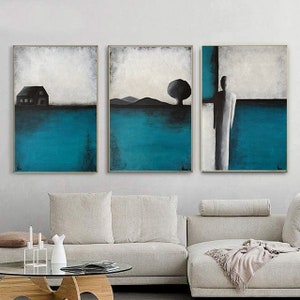 Turquoise Abstract Triptych Painting, Original Blue Teal Wall Decor, Minimalist Hand Painted Landscape, Abstract Silhouette Contemporary Art image 9