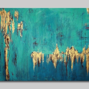 Türkis Gold Abstraktes Gemälde, Großes Modernes Palettenmesser Strukturierte Leinwand, Blau Petrol Moderne Handgemalte Wandkunst, Buntes Oversize Dekor