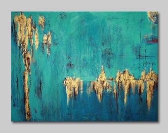 Turquoise Gold Abstract Painting, Large Modern Pallet Knife Textured Canvas, Blue Teal Modern Hand Painted Wall Art, Colorful Oversize Decor