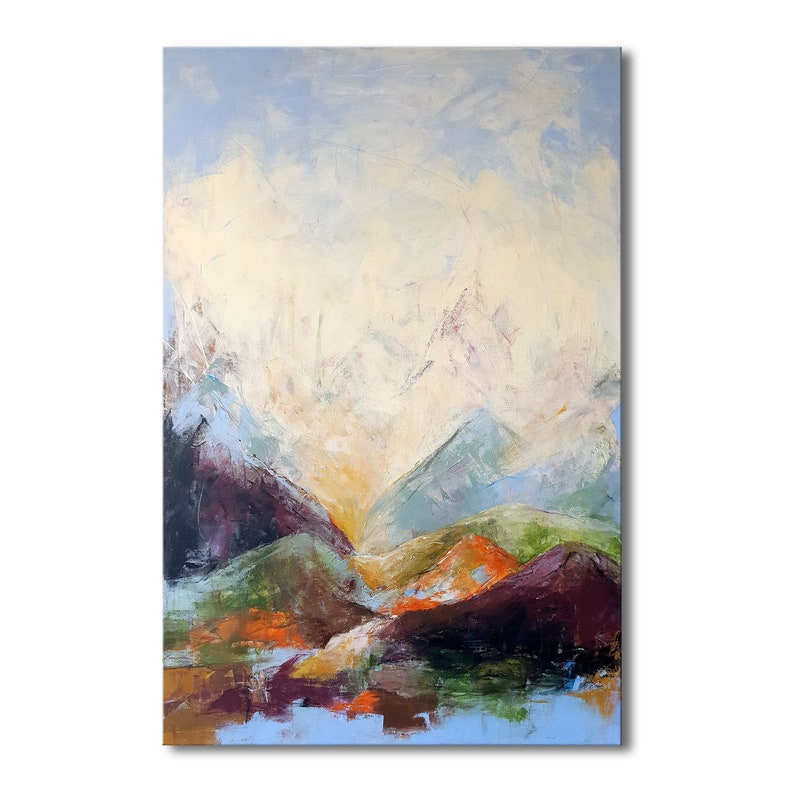 Colorful Mountain Painting, Original Abstract Landscape Wall Art, Minimalist Representation of The Alps on Canvas, Blue Skyline Abstract Art image 2