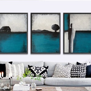 Turquoise Abstract Triptych Painting, Original Blue Teal Wall Decor, Minimalist Hand Painted Landscape, Abstract Silhouette Contemporary Art image 8