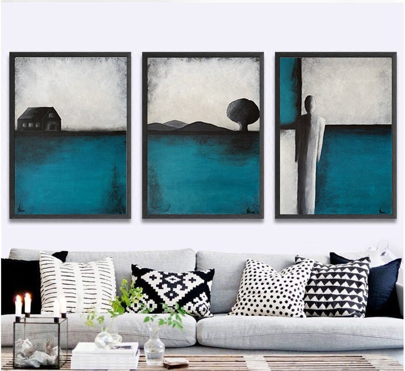Turquoise Abstract Triptych Painting, Original Blue Teal Wall Decor, Minimalist Hand Painted Landscape, Abstract Silhouette Contemporary Art image 8