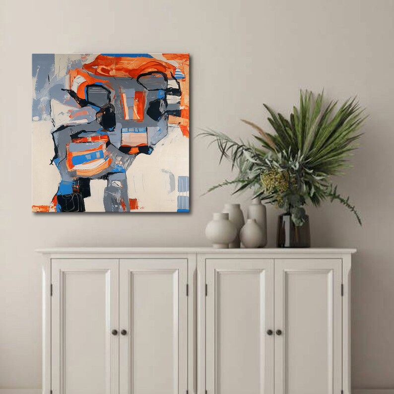 Colorful Cow Abstract Painting, Orange Gray Figurative Abstract Wall Art, Blue Orange Kids Room Wall Decor, Minimalist Little Cow on Canvas image 7