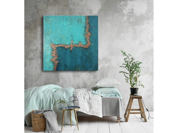 ターコイズとゴールドの抽象画 ターコイズゴールドの抽象画：テクスチャのあるモダンな壁アート