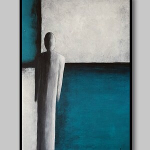 Turquoise Abstract Triptych Painting, Original Blue Teal Wall Decor, Minimalist Hand Painted Landscape, Abstract Silhouette Contemporary Art image 4