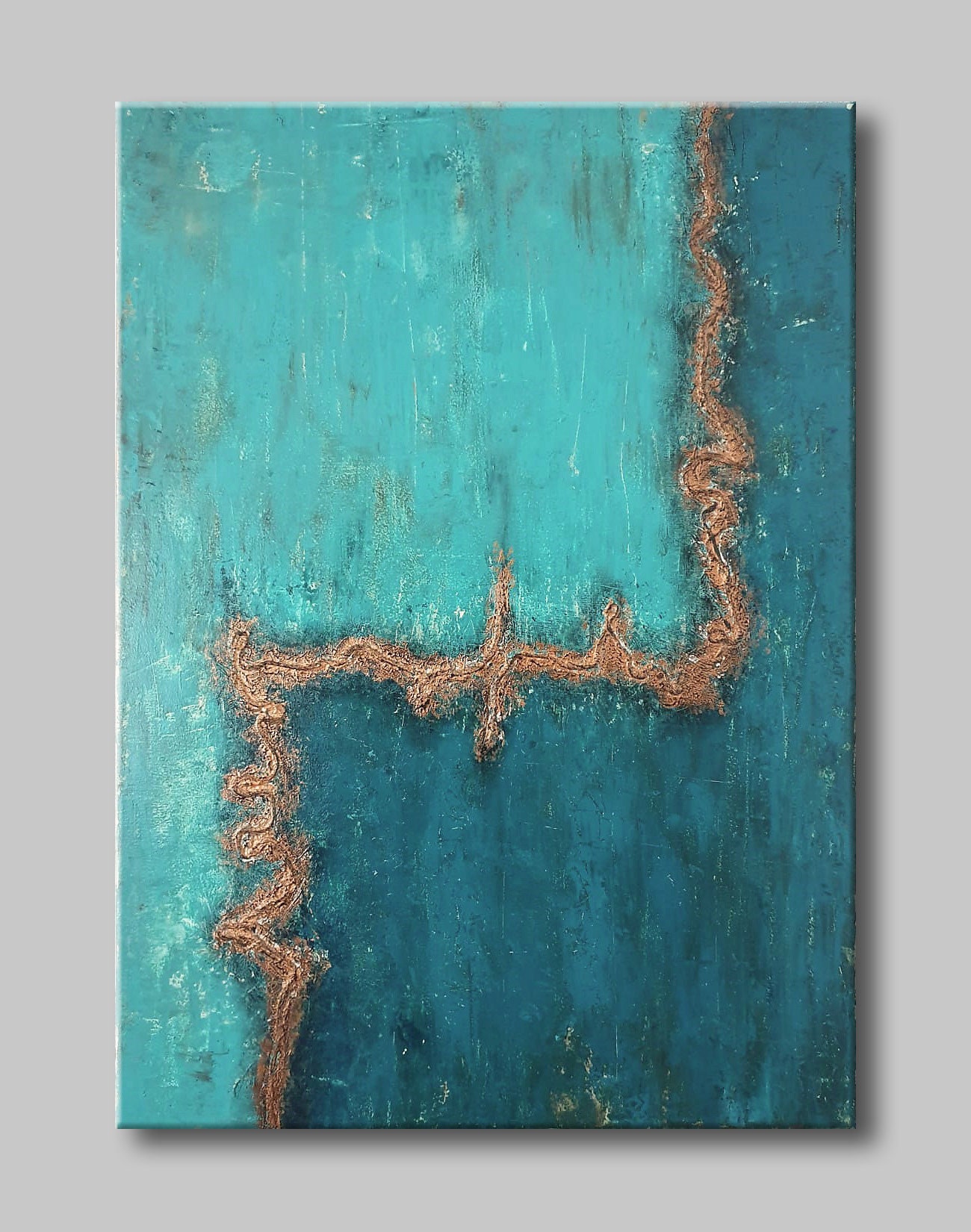 ターコイズゴールドの抽象画：テクスチャのあるモダンな壁アート