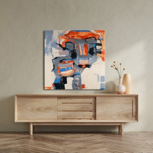 Colorful Cow Abstract Painting, Orange Gray Figurative Abstract Wall Art, Blue Orange Kids Room Wall Decor, Minimalist Little Cow on Canvas image 5