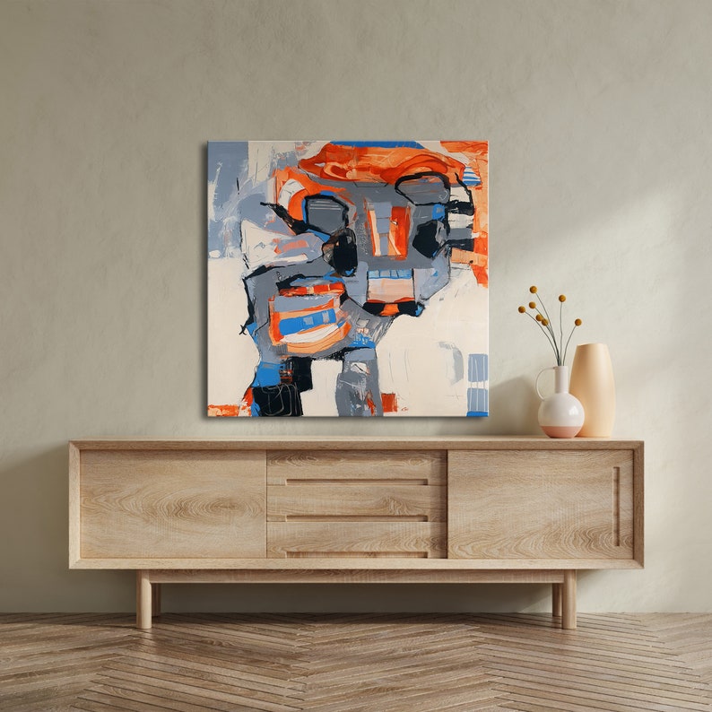 Colorful Cow Abstract Painting, Orange Gray Figurative Abstract Wall Art, Blue Orange Kids Room Wall Decor, Minimalist Little Cow on Canvas image 5