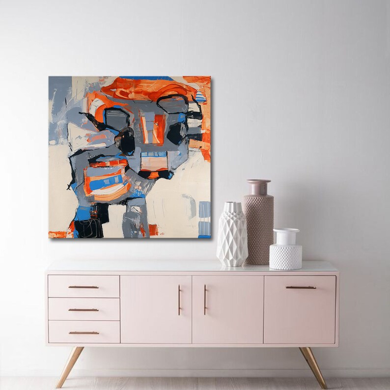 Colorful Cow Abstract Painting, Orange Gray Figurative Abstract Wall Art, Blue Orange Kids Room Wall Decor, Minimalist Little Cow on Canvas image 6