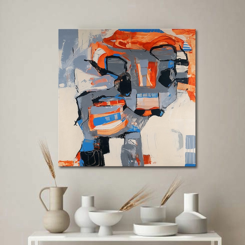 Colorful Cow Abstract Painting, Orange Gray Figurative Abstract Wall Art, Blue Orange Kids Room Wall Decor, Minimalist Little Cow on Canvas image 1