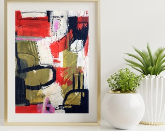 Colorful Abstract Modern Wall Decor, Olive Green and Red Urban Abstract Painting, Minimalist Framed Abstract Art, Fiery Red Affordable Art