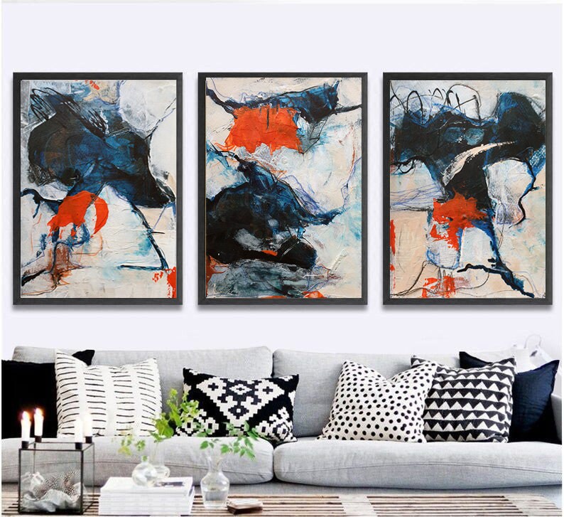 Set of 3 Original Abstract Paintings Blue Orange Abstract | Etsy