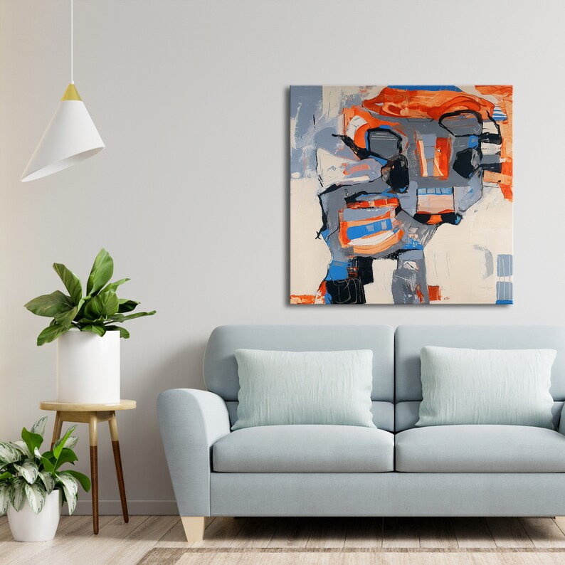 Colorful Cow Abstract Painting, Orange Gray Figurative Abstract Wall Art, Blue Orange Kids Room Wall Decor, Minimalist Little Cow on Canvas image 4