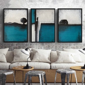 Turquoise Abstract Triptych Painting, Original Blue Teal Wall Decor, Minimalist Hand Painted Landscape, Abstract Silhouette Contemporary Art image 6