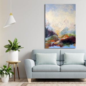 Colorful Mountain Painting, Original Abstract Landscape Wall Art, Minimalist Representation of The Alps on Canvas, Blue Skyline Abstract Art image 9