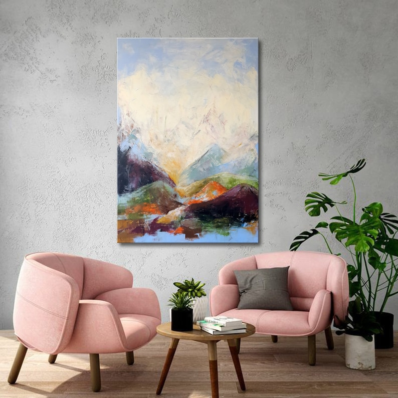 Colorful Mountain Painting, Original Abstract Landscape Wall Art, Minimalist Representation of The Alps on Canvas, Blue Skyline Abstract Art image 1