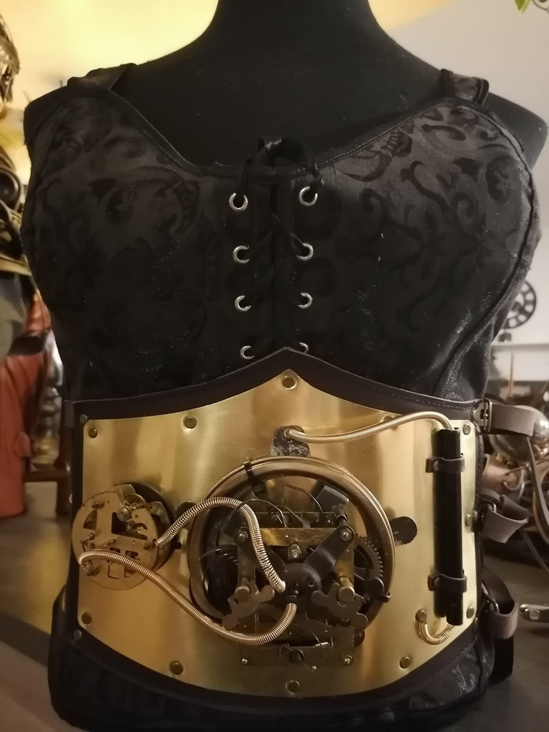 one piece with gears woman corset steampunk leather and handmade metal