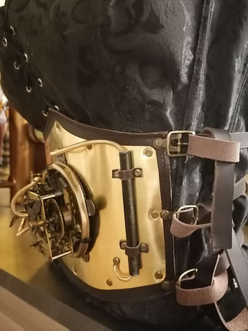 one piece with gears woman corset steampunk leather and handmade metal