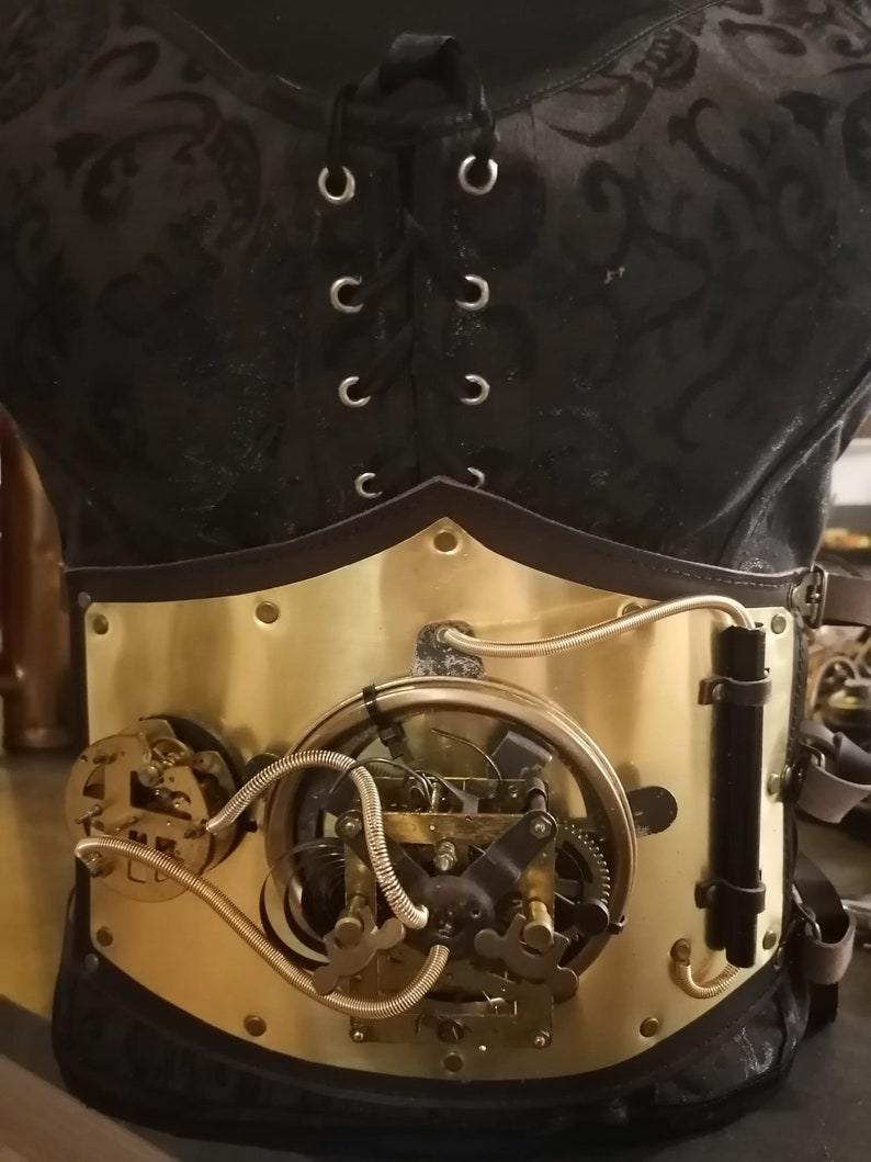 one piece with gears woman corset steampunk leather and handmade metal