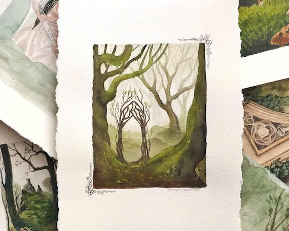 Enchanted green forest illustration, boho home decor for nature lover, botanical wall art, fantasy wall hanging, mixed media painting