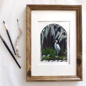 Pintura Grey Heron, paisagem de pântano, cenário florestal, pintura em aquarela de pássaros, arte original, ideia de presente artístico, ideia de presente de Natal