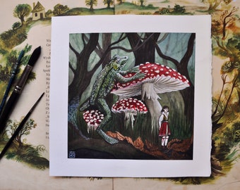 Acuarela original, ilustración fantástica en acuarela, decoración de Halloween, paisaje forestal, pintura de setas, arte caprichoso, regalo único