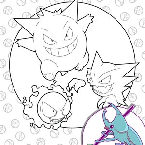 May include: A black and white line drawing of three ghost-like Pokemon characters. The characters are from the popular video game and anime series Pokemon. The characters are Gengar, Haunter, and Gastly. The image is on a white background with a repeating pattern of Pokeballs.