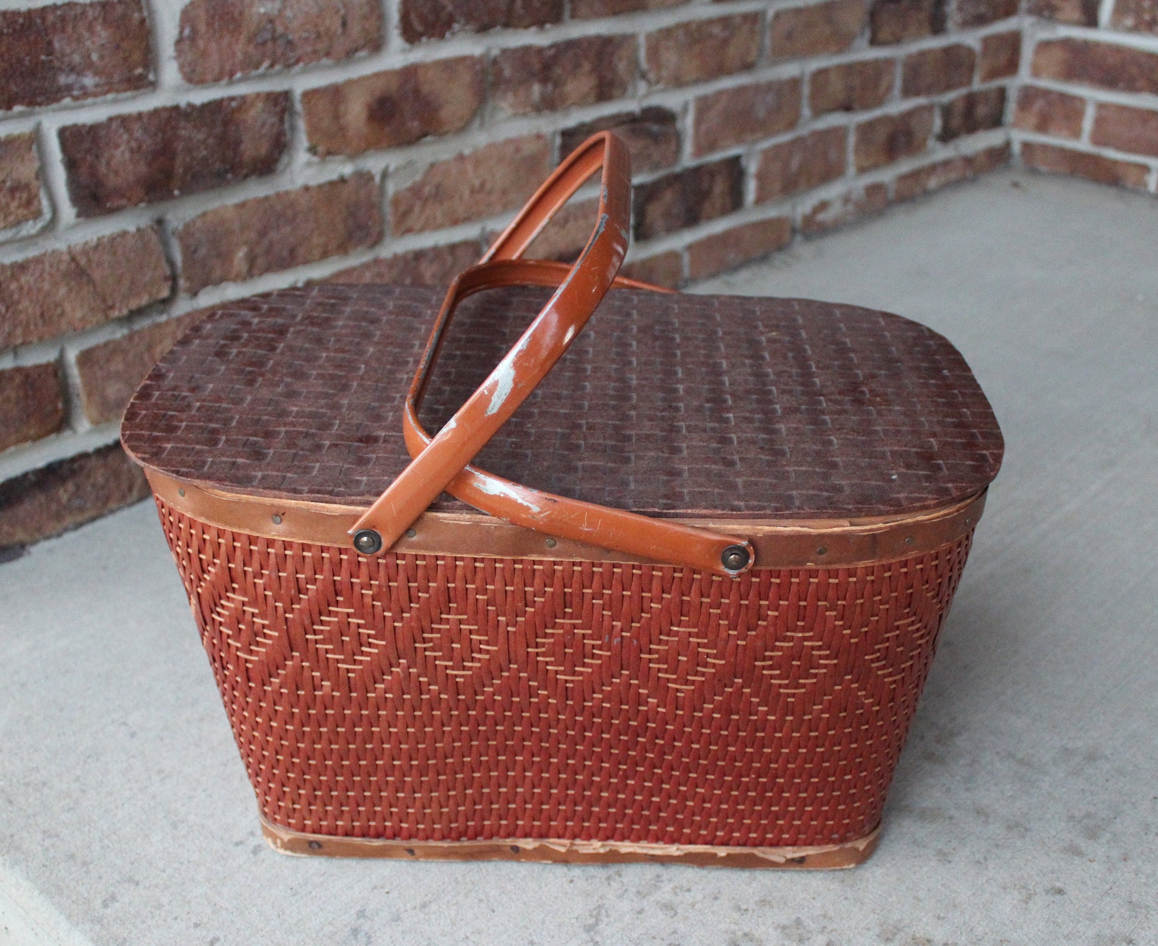 Vintage Peterboro Splint Basket. Hand Woven Wood With Handle. Picnic Basket.  Storage. Ice Bucket With Lid and Liner. Gift. 