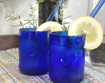 Handmade drinking glasses made from wine bottles, blue, upcycled, recycled (price per piece)