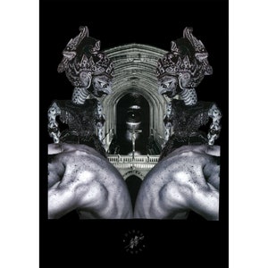 Pode incluir: Uma colagem a preto e branco com duas figuras com toucados ornamentados e traços esqueléticos, espelhadas contra um fundo arquitetónico gótico. A imagem inclui um par de braços musculosos e o texto "DIRTY ENDS".