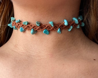 Turquoise Macrame Choker, crystal choker, handmade, gift for her, crystal necklace, turquoise choker, brown choker, bronze choker