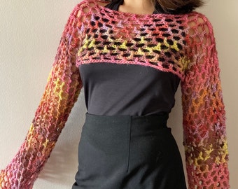 Handmade Crochet Mesh Shrug Sleeves, Wool Blend, Layering Top