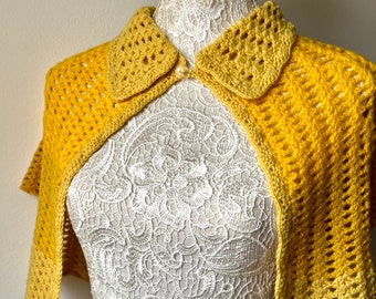 Yellow Wool Crochet Jacket Cape, Wool Cape, Crochet Jacket, Coquette Jacket, Fairy, Capelet, Gift for Her, Christmas Gift