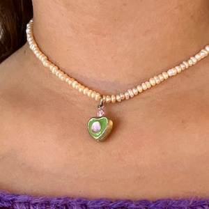 Baby Pink Freshwater Pearls Heart Choker Necklace, Pearl Choker, Pink Heart Choker, Heart Choker, Gift for Her, Christmas Gift