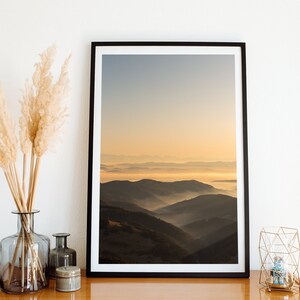 Schwarzwald Druck, Poster, Sonnenuntergang, Wald, Nebel, Berge, Kunstdruck, Digitaler Download, Landschaft, Fotografie,instant download