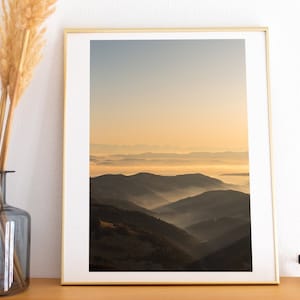 Schwarzwald Druck, Poster, Sonnenuntergang, Wald, Nebel, Berge, Kunstdruck, Wald Poster, Landschaft, Foto, Fotografie, Fine Art