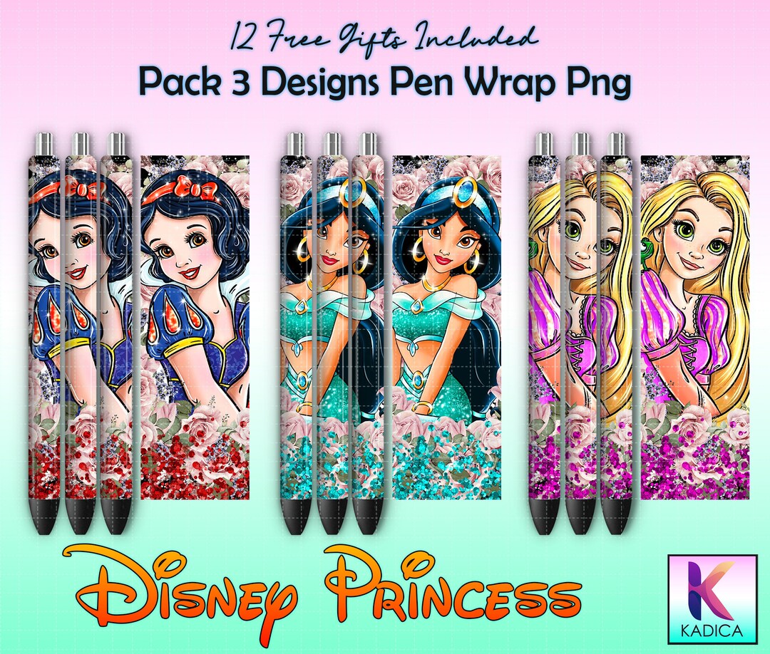 Bundle 3 Designs Princess Characters Pen Wrap Png, Cartoon Pen Bundle