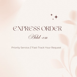 Op de afbeelding: Expressbestelling Add-on: Prioriteitsservice // Versnel uw verzoek. Een lichtroze achtergrond met een bruine tekstoverlay. De tekst is gestyled met een decoratief lettertype.
