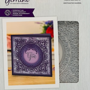 May include: A 4-piece Gemini by Crafter's Companion papercraft die set labeled Abstract Frame. The packaging displays a square purple card with an intricate filigree border and the text Just For You. The largest die size is 5 inches by 5 inches.