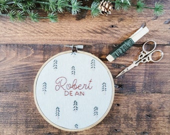 Hand embroidered name hoop| name announcement prop| nursery decor| personalized baby gift| tree name hoop