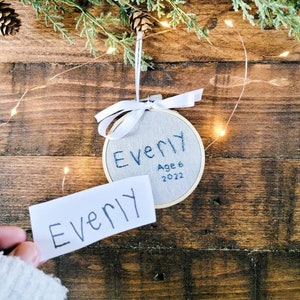 Personalized ornaments, hand writing embroidered ornaments, kids hand writing, hand embroidered ornament, keepsake ornament