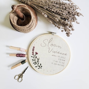Hand embroidered, birth stat hoop, nursery decor, personalized gift, photo prop, floral embroidered, baby keepsake