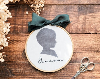 Silhouette hoop, hand embroidery, Custom silhouette, personalized name gift, nursery decor, keepsake gift