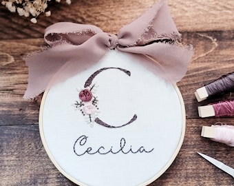 Hand embroidered name hoop, name announcement, photography prop, nursery decor