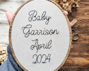 Embroidered Name Hoop, hand embroidered, baby announcement, nursery decor, baby shower gift