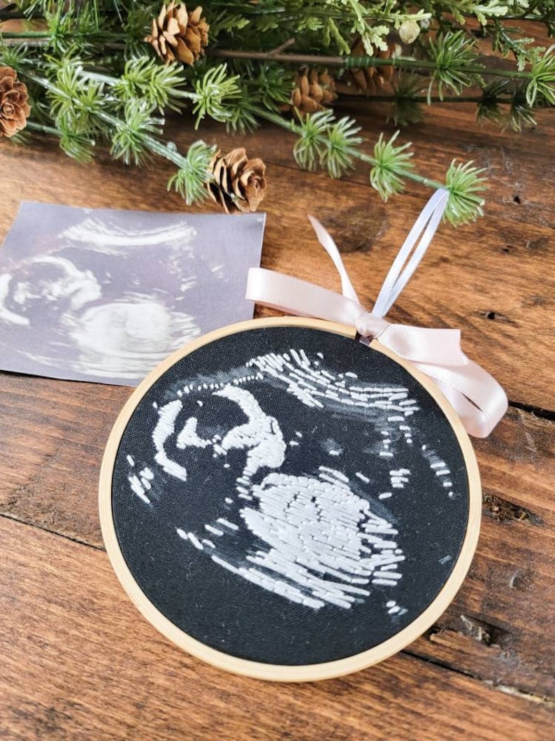 ultrasound ornament, hand embroidered sonogram, pregnancy announcement, ultrasound art, embroidery hoop image 2