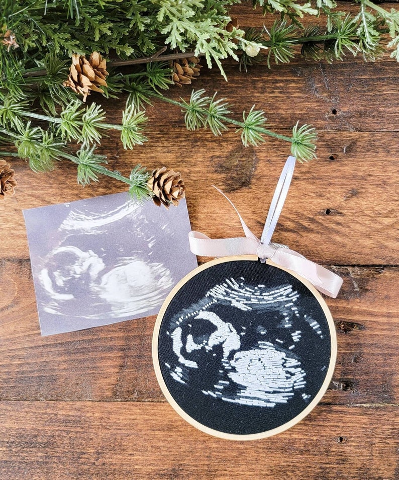 ultrasound ornament, hand embroidered sonogram, pregnancy announcement, ultrasound art, embroidery hoop image 1