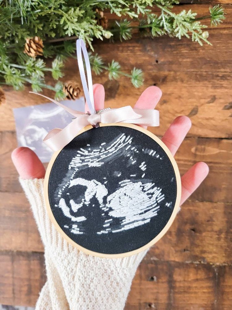 ultrasound ornament, hand embroidered sonogram, pregnancy announcement, ultrasound art, embroidery hoop image 6