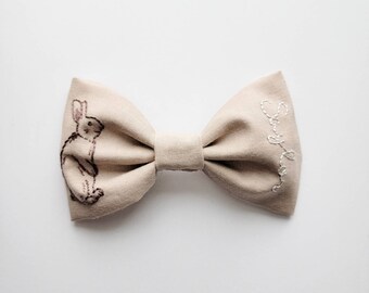 Hand Embroidered Organic Cotton Bow, Bunny, Personalized Name, Baby Headband or Clip